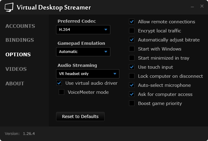 Virtual Desktop Streamerの設定画面（表示は私の設定）