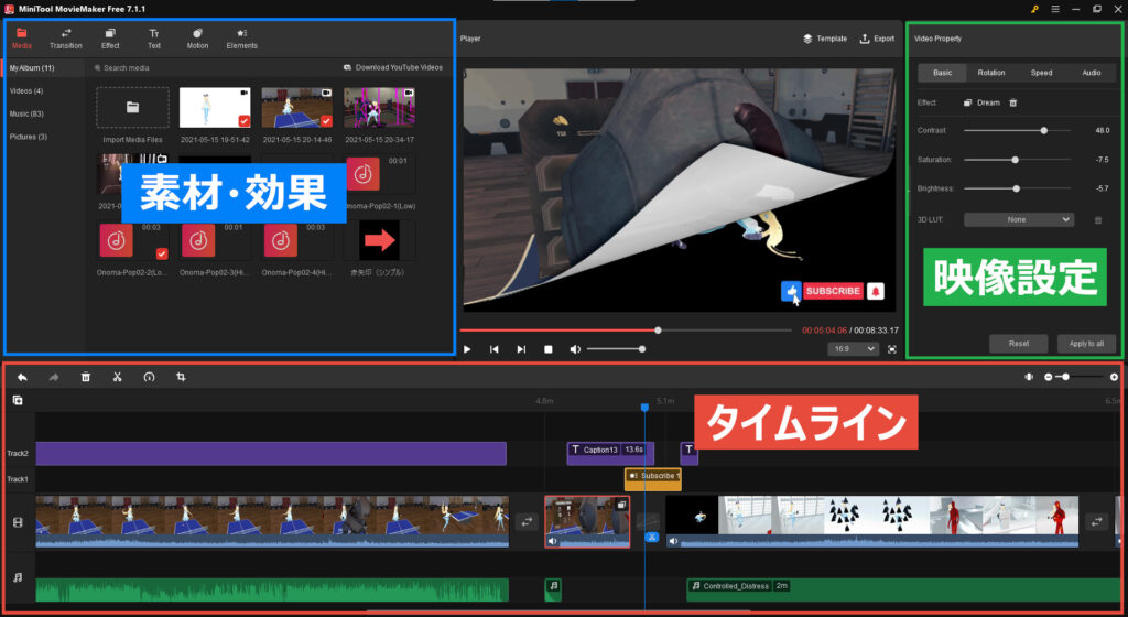 『MiniTool MovieMaker』の画面構成