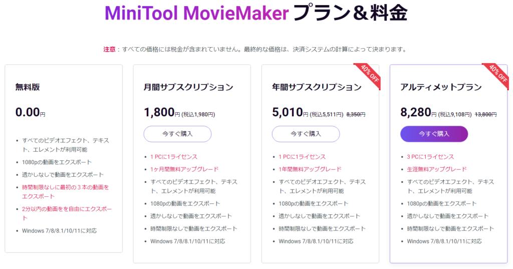 有料版『MiniTool MovieMaker』の料金と機能の違い