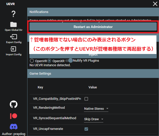 UEVRが管理者権限で起動できていないときの表示（「Restart as Administrator」ボタンがある）