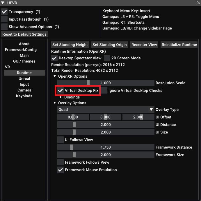 「Virtual Desktop fix」の設定場所（UEVRメニュー「Runtime」）