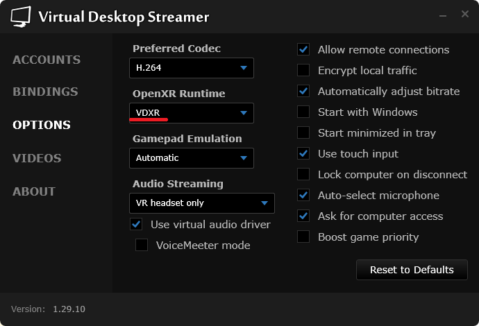 Virtual Desktop Stremerの「VDXR」設定場所