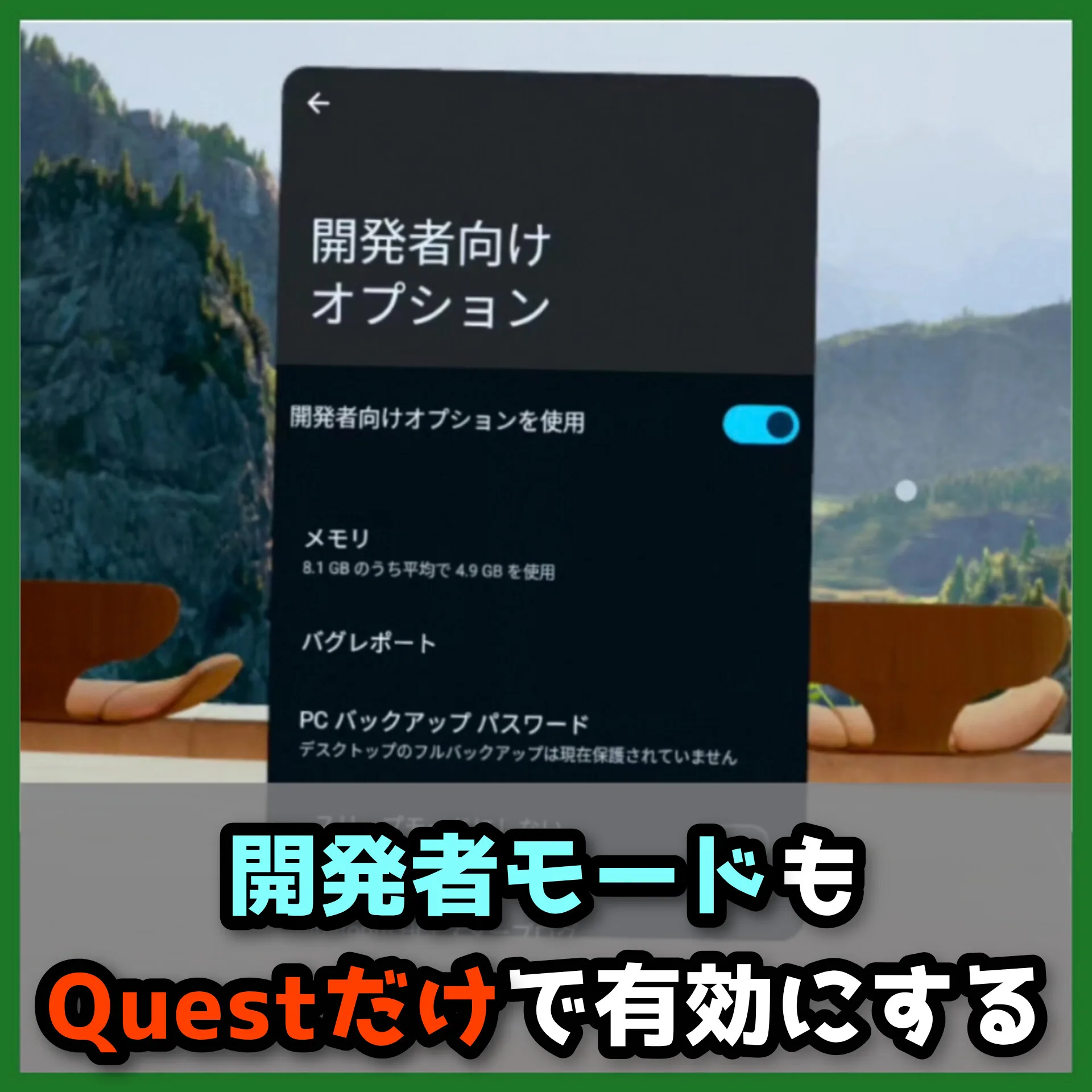 開発者モードもQuestだけで有効にする （記事：【組織登録不要】Meta Questの開発者モードの有効化方法）